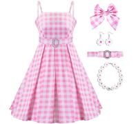Pink Princess Dress Up Outfit for Girls, Kids Theme Cosplay Costume Party Fancy Dress Accessories With Belt, Hair Band, Necklace, Earrings for Carnival, World Book Day Costumes 2-11