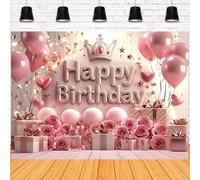 Pink Princess Happy Birthday Backdrop Rose Gold Floral Crown and Rose Balloon Elegant Photography Background Beautiful Girls Princess Women Birthday Party Decor Banner Photo Supplies(D, 7x5feet)