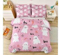 Pink Printed Bedding Cartoons Ghosts The Moon - Ultra Soft Microfiber Duvet Cover Set with Zipper Closure for Children and Teens - 1 Quilt Cover Super King (260 x 220) cm and 2 Pillowcase