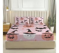Pink Printed Double Size Fitted Sheet, Halloween Witch Hats Pumpkins theme Luxury Washable Bed Sheets, Soft Brushed Microfiber Fade Resistant Breathable Bedding 140 x 190 cm with 2 Pillow cases