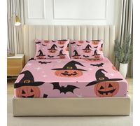Pink Printed King Size Fitted Sheet, Cute Witch Halloween Pumpkin theme Luxury Washable Bed Sheets, Soft Brushed Microfiber Fade Resistant Breathable Bedding 160 x 200 cm with 2 Pillow cases