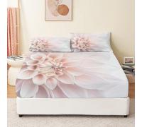 Pink Printed King Size Fitted Sheet, Soft Brushed Microfiber With 30 cm Deep Pocket Fitted Bed Sheets, Elegant Dahlia Plant Flowers Pattern Bedding set For Kids Aldult Room Decor, 160 x 200 cm