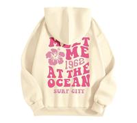 Pink Puff Graphic Oversized Hoodies for Women Kids Teen Girls Meet Me at The Ocean Casual Cute Preppy Sweatshirts Pullover Long Sleeve Streetwear Y2K Tops Ladies Sweatshirts,Beige,S