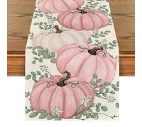 Pink Pumpkins Eucalyptus Fall Table Runner, Seasonal Autumn Thanksgiving Kitchen Dining Table Decoration for Home Party Decor 13x72 Inch