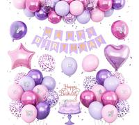 Pink Purple Birthday Decorations for Women Girls,Pink Purple Butterfly Birthday Decorations Happy Birthday Banner Star Heart Foil Balloons Cake Topper Butterfly Stickers Party Supplies