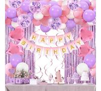 Pink Purple Birthday Decorations Set,50pcs Pink Purple White Balloons,Happy Birthday Banner,Fringe Curtain,Hanging Swirls For Girls Women Party Decoration Christening