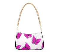Pink Purple Butterflies White Tote Handbags Womens Ladies Shoulder Bag Floral Zipper Casual Purse Hobo with Chain Strap