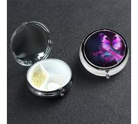Pink Purple Butterfly Pill Box with Mirror 3 Compartment Decorative Pill Case for Purse or Pocket Small Round Pill Organizer Weekly Metal Medicine Tablet Vitamin Holder Travel Gift
