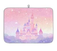 Pink Purple Fairy Tale Castle Dish Drying Mat for Kitchen Counter,Absorbent Dishes Drainer Mats Washable Dish Drying Pad for Worktop Draining Racks,61x46cm