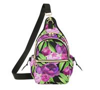 Pink Purple Peonies Green Leaves Black Crossbody Bag Durable Polyester with Magnetic Front Pocket and Adjustable Strap