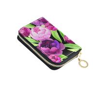 Pink Purple Peonies Green Leaves Black Womens Wallets Leather RFID Blocking Credit Card Holders Compact Travel Wallet with Zipper