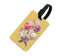 Pink Purple Peonies White Lilies on Yellow Luggage Tag Travel Bag Suitcase Baggage Name Tags