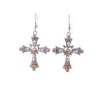 Pink Purple Rhinestone Cross Dangle Earrings for Women Punk Gothic Love Heart Crystal CZ Charm Hanging Hip Hop Vintage Statement Drop Fish Hook Earring Faith Jewelry Gifts
