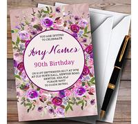 Pink & Purple Watercolour Floral 90th Personalised Birthday Party Invitations