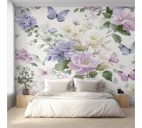 Pink Purple White Flower Wallpaper, Floral Green Leaf Butterfly Wall Mural for Living Room, Non-Woven Wall Paper for Bedroom 300X210cm, Photo Wallpaper Home Decor EL&D51
