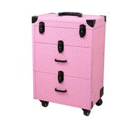 Pink Quilted PU Rolling Makeup Case with Drawers, Professional Cosmetic Trolley with Lock Latches, Telescopic Handle & 360° Wheels for Makeup Artists