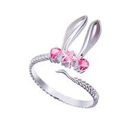 Pink Rabbit Statement Stacking Ring for Women Silver Plated Love Heart Star Crystal Zirconia Animal Bunny Pet Ear Adjustable Promise Open Wrap Finger Rings Comfort Fit Easter Birthday Jewelry