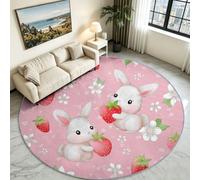 Pink Rabbit Strawberry Round Rug 120 cm, Cartoon Floral Washable Carpet | Sweet Bunny Berry Circle Floor Mat, Non-Slip Soft Low Pile Base, Pretty Room Decor Rug for Girls Nursery & Bedroom