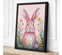 Pink Rabbit with Wildflowers Canvas Wall Art Print 24x16 Inch