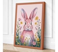 Pink Rabbit with Wildflowers Canvas Wall Art Print 24x16 Inch