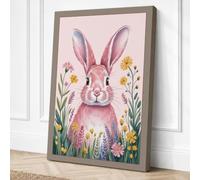 Pink Rabbit with Wildflowers Canvas Wall Art Print 36x24 Inch