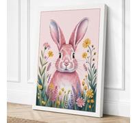 Pink Rabbit with Wildflowers Canvas Wall Art Print 36x24 Inch