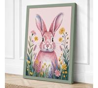 Pink Rabbit with Wildflowers Canvas Wall Art Print 36x24 Inch