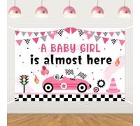 Pink Race Car Baby Shower Backdrop - A Baby Girl is Almost Here Decorations Sports Theme Baby Shower Decoration Pink Racing Car for BBY Shower Supplies