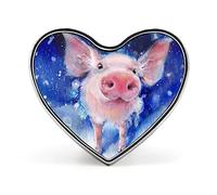 Pink Real Pig Image with Blue Galaxy Background Heart Brooch Pin, Unisex Smooth Surface Lapel Tie Pin, Lightweight Badge Jewelry Crafts Decor for Costume Accessory Men Women