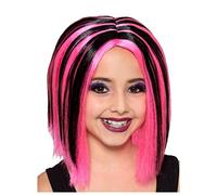 Pink Red and Black Bob Girs Wig for Child Kids Gril Queen, Pink Black Strip Mixed Color Wig for Party Anime Halloween