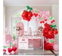 Pink Red Cherry Balloon Garland Arch Kit Coquette Bow White Balloons for Girls Birthday Cherry on Top Berry First Summer Fruit Party Baby Shower Cherries Party Decorations
