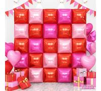 Pink Red Double Sided Square Foil Balloons Wall, 19 inch Chrome Hot Pink Red Foil Balloons Tunnel Arch Kit for Girl Birthday Strawberry Valentine Theme Party Wedding Mother's Day Decorations