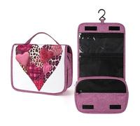 Pink Red Leopard Print Hearts Travel Toiletry Bag for Women,Hanging Makeup Organizer with Hook for Shampoo