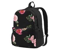 Pink Red Roses Vintage Floral On Black Pattern, Backpack With Pockets Casual Daypack Water Resistant School Bag for Travelling, Hiking, or Camping