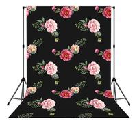 Pink Red Roses Vintage Floral On Black Pattern, Photography Backdrop Photo Props 5x7FT Photo Background for Party Home Decoration