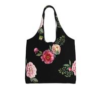 Pink Red Roses Vintage Floral On Black Pattern,Reusable Tote Bags Grocery Bags Large Capacity Canvas Shopping Shoulder bag