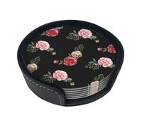 Pink Red Roses Vintage Floral On Black Pattern,Set of 6 Round Coasters, Pu Leather Drinks Coasters with Holder for Home Office Kitchen