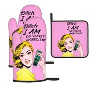 Pink Retro Cartoon Oven Mitts and Pot Holders Set of 3, Heat Resistant Non-Slip Washable Sassy Pop Art Funny Women Kitchen Gloves Gift for Cooking Lovers, Fun Kitchen Decor for Baking Cooking Grilling