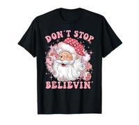 Pink Retro Santa Claus Stars Don´t stop believing Christmas T-Shirt