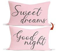 Pink Reversible Throw Pillow Covers for Bed, Sweet Dreams Good Night 12 x 20 Lumbar Pillowcase Decorate Bedroom Guest Room