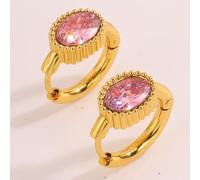 Pink Rhinestone Oval Huggie Hoop Earrings for Women, Gold Stainless Steel | Romantic pink sparkle meets warm gold shine in these stainless steel huggies for dates, parties, holidays and gifting.
