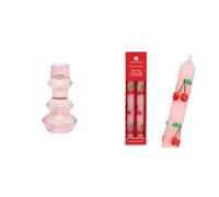 Pink Ribbed Tall Glass Holder & Cherry Dinner Candles Valentines Bundle