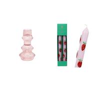 Pink Ribbed Tall Glass Holder & Strawberry Dinner Candles Valentines Bundle