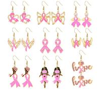 Pink Ribbon Breast Cancer Awareness Earrings - 9/12 Pairs Drop Dangle Enamel Pink Ribbon Breast Cancer Jewelry Accessories Survivor Gifts, Zinc, No Gemstone