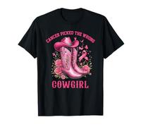 Pink Ribbon Cowboy Hat Boots Cancer Picked The Wrong Cowgirl T-Shirt