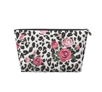 Pink Rose and Leopard Printed Leather Travel Toiletry Makeup Bag with Silver Zipper for Women on the Go