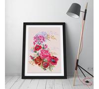 Pink rose and red poppy bouquet Stunning Framed Wall Art Print Picture - A4 - Black Frame