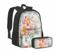 Pink Rose Backpack Flower Floral Watercolor Romantic Peach Leave School Bookbag with Pencil Case