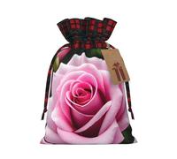 Pink Rose Blossom Printed Gift Bags with Drawstring - Christmas Party Holiday Sacks - Festive Pouches for Goodie, Treats
