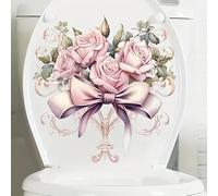 Pink Rose Bow Butterfly Toilet Cover Sticker Decals,Spring Flower Leaf Butterfly Waterproof Toilet Lid Tank Seat Decals Cistern Self-Adhesive Bathroom Wall Sticker